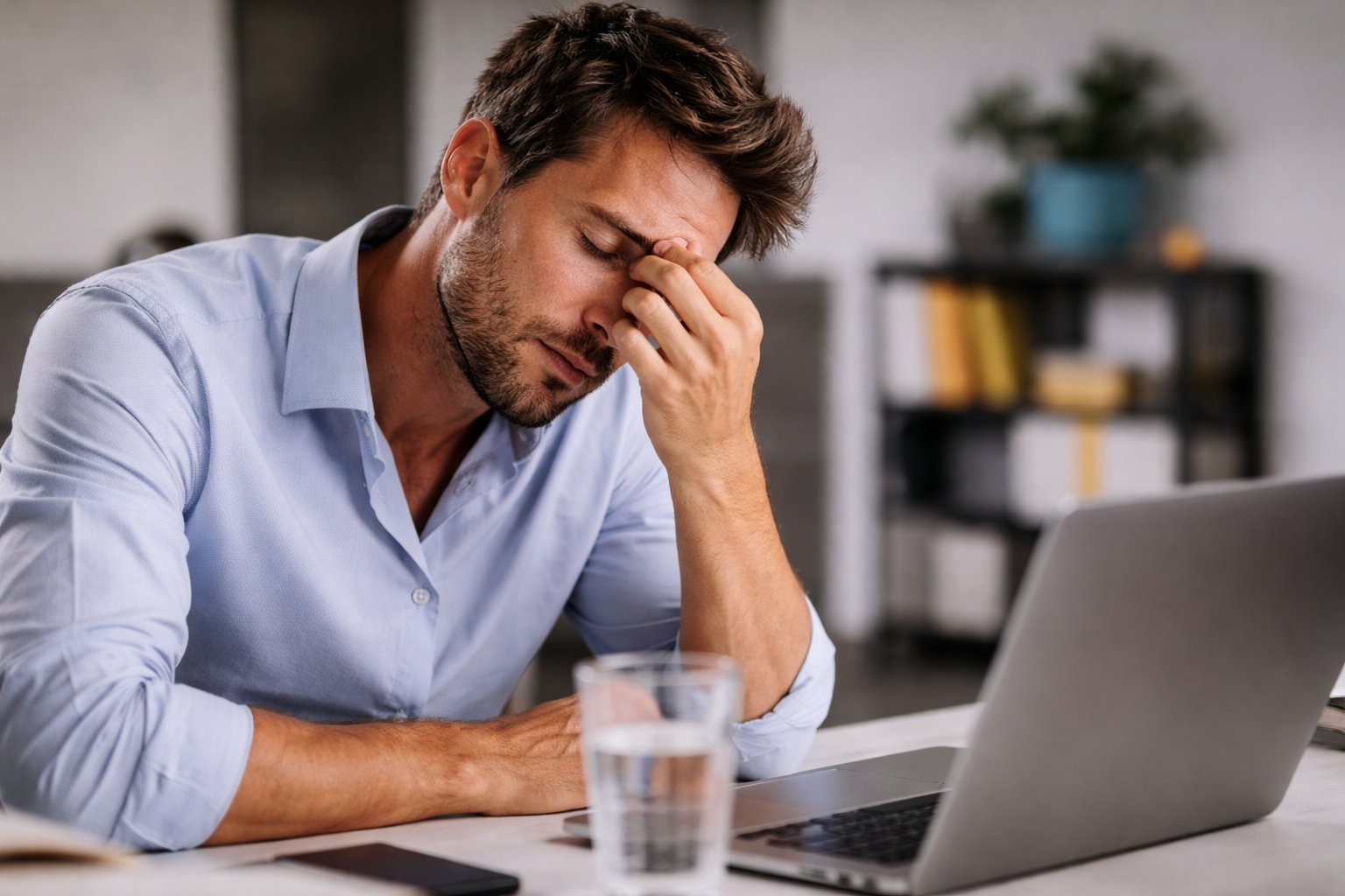 Man struggling with mental fatigue at his desk