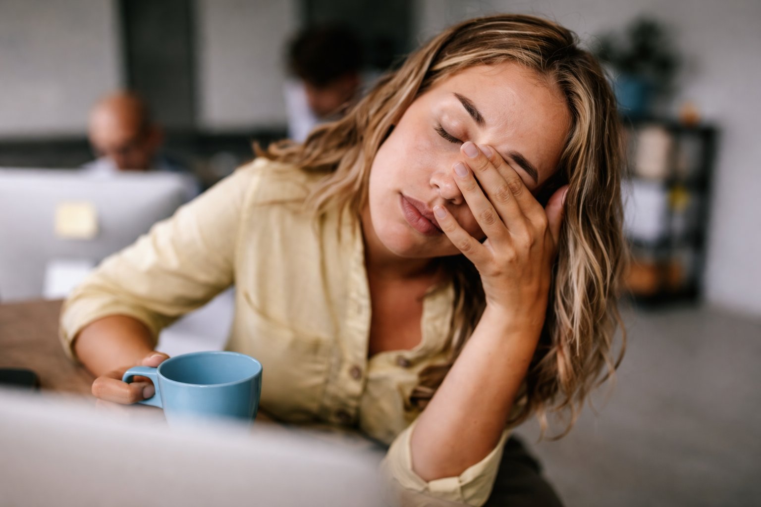 Woman experiencing brain fog and exhaustion at work